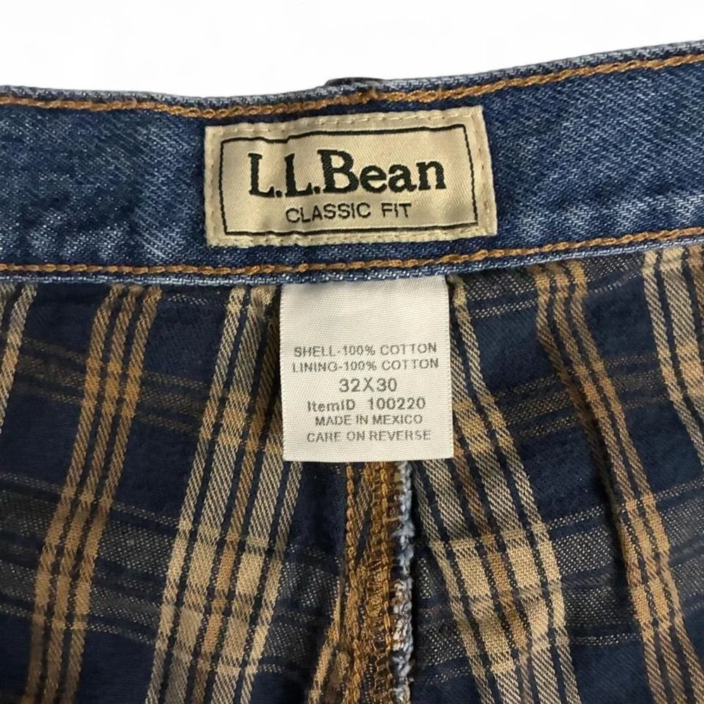 NWT Vintage/Y2K L.L.Bean cotton denim jeans with plaid lining, size 32X30